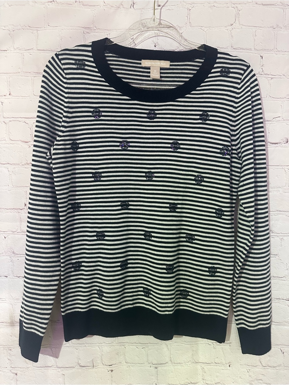 Banana Republic Wool Blend Striped Sequin Embellished Sweater M Black Ivory